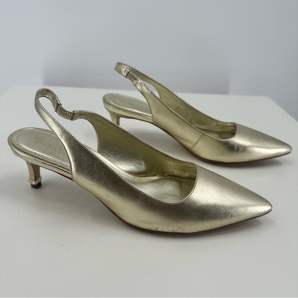 Lilly Pulitzer Erin Metallic Gold Slingback Pump Rhinestone Heel Size 7.5 - Picture 3 of 8